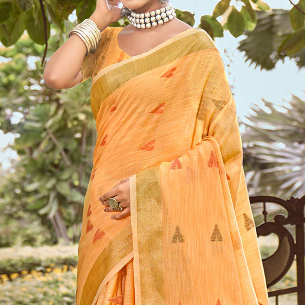 Light Orange Woven Cotton Blend Saree