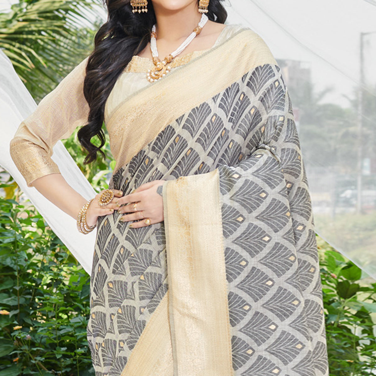 Grey Woven Cotton Silk Saree With Tassels