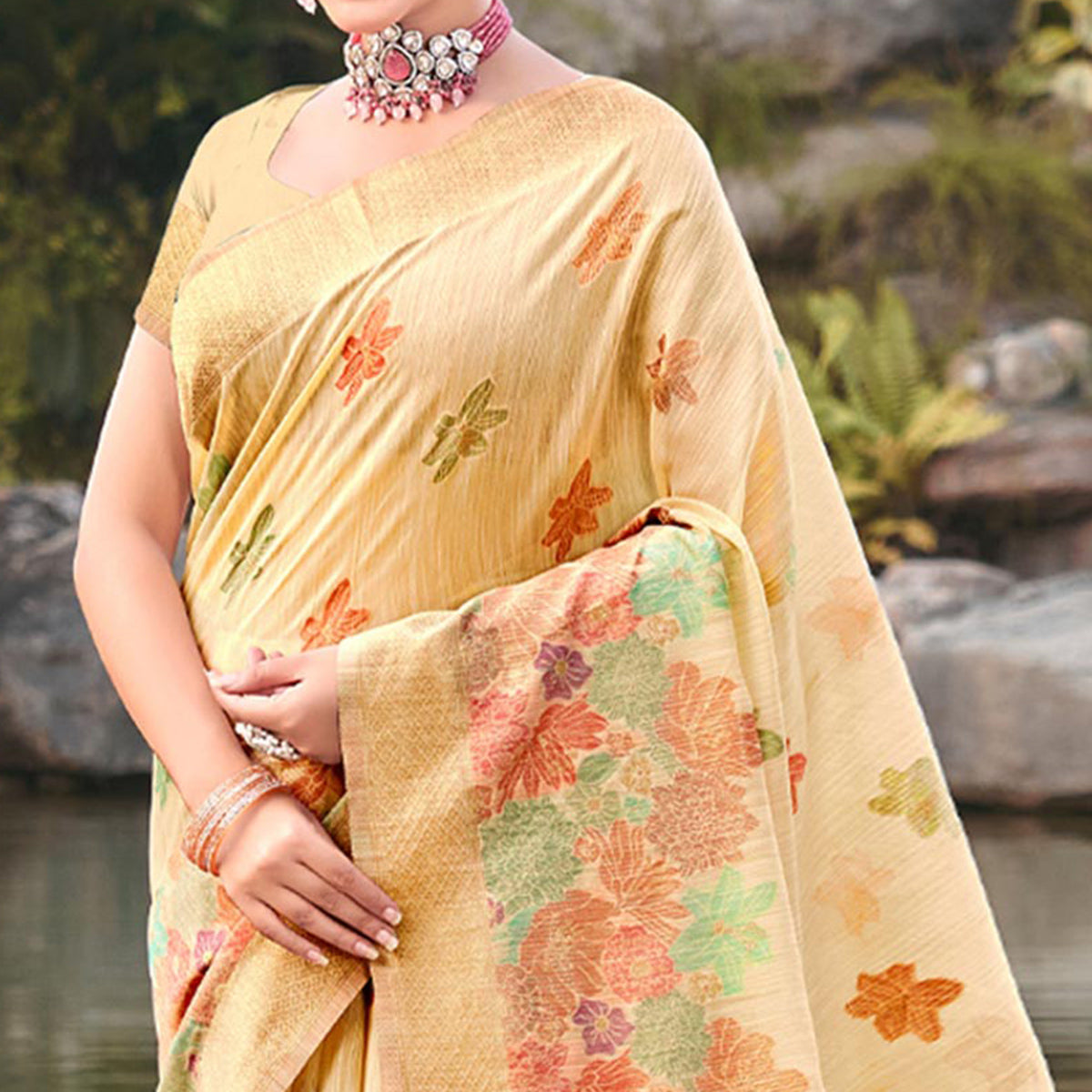 Light Beige Woven Cotton Blend Saree With Tassels