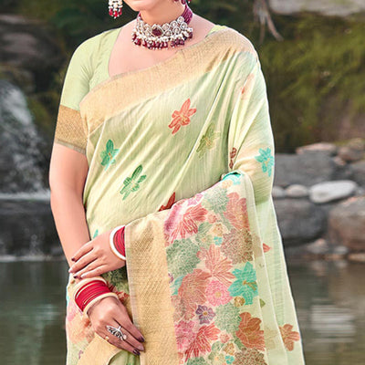 Light Green Woven Cotton Blend Saree With Tassels