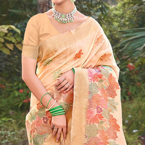 Cream Woven Cotton Blend Saree With Tassels