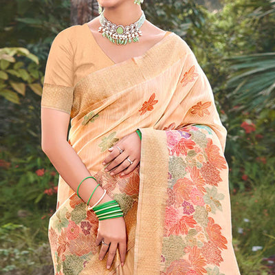 Cream Woven Cotton Blend Saree With Tassels