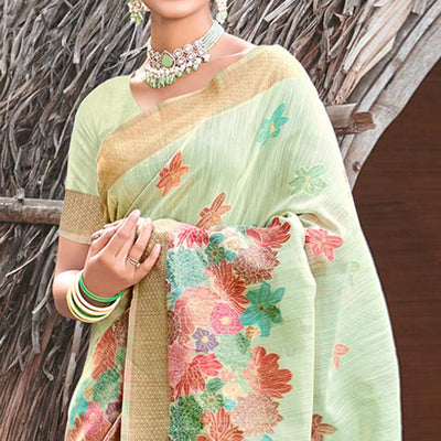 green-woven-cotton-blend-saree-with-tassels-1