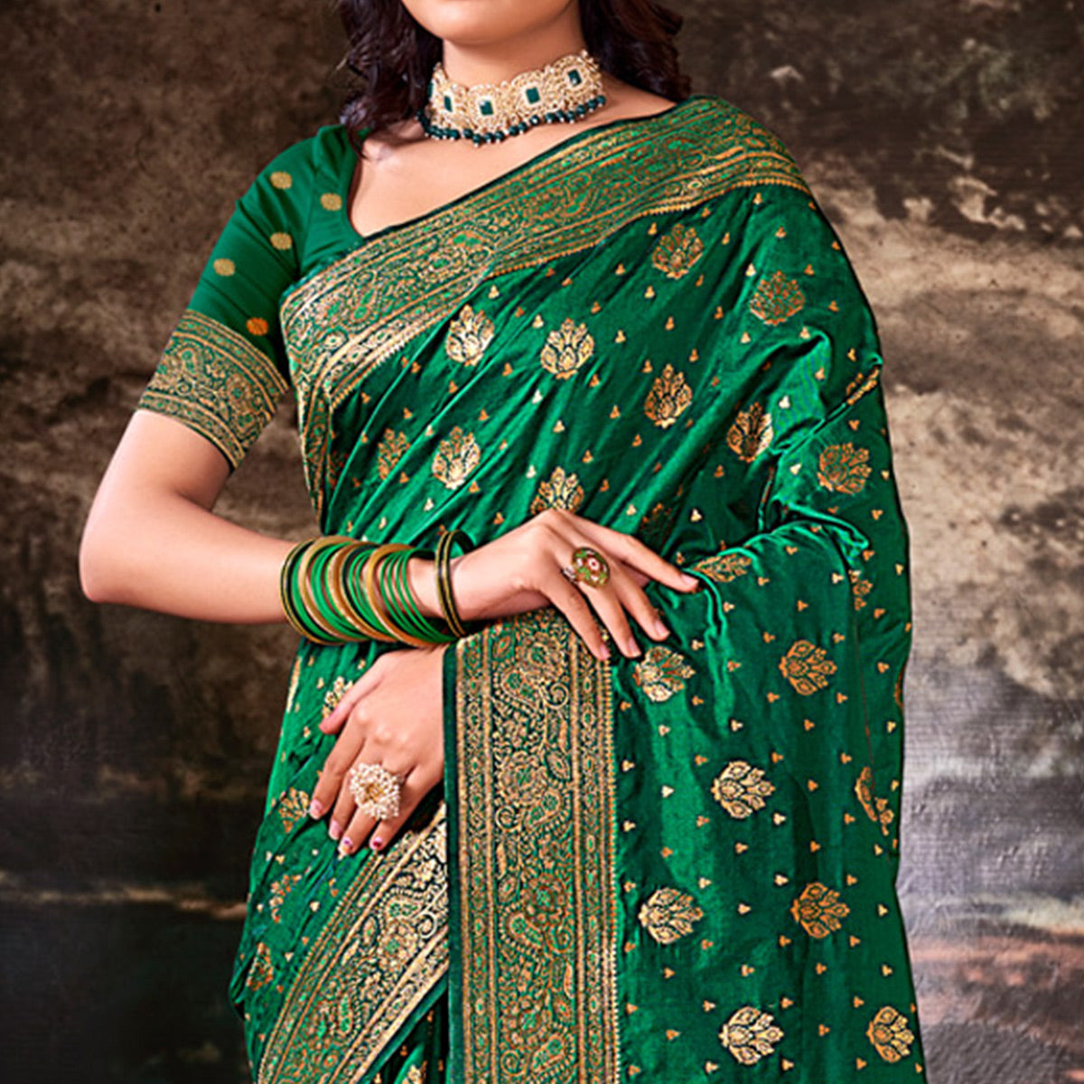 green-floral-woven-banarasi-silk-saree-with-tassels-8