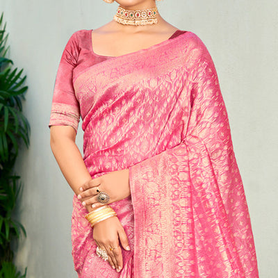 Light Pink Floral Woven Cotton Blend Saree With Tassels