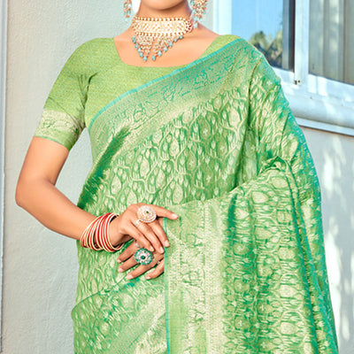 13green-floral-woven-cotton-blend-saree-with-tassels