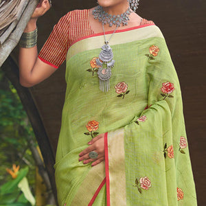 green-floral-embroidered-linen-saree-with-tassels-2