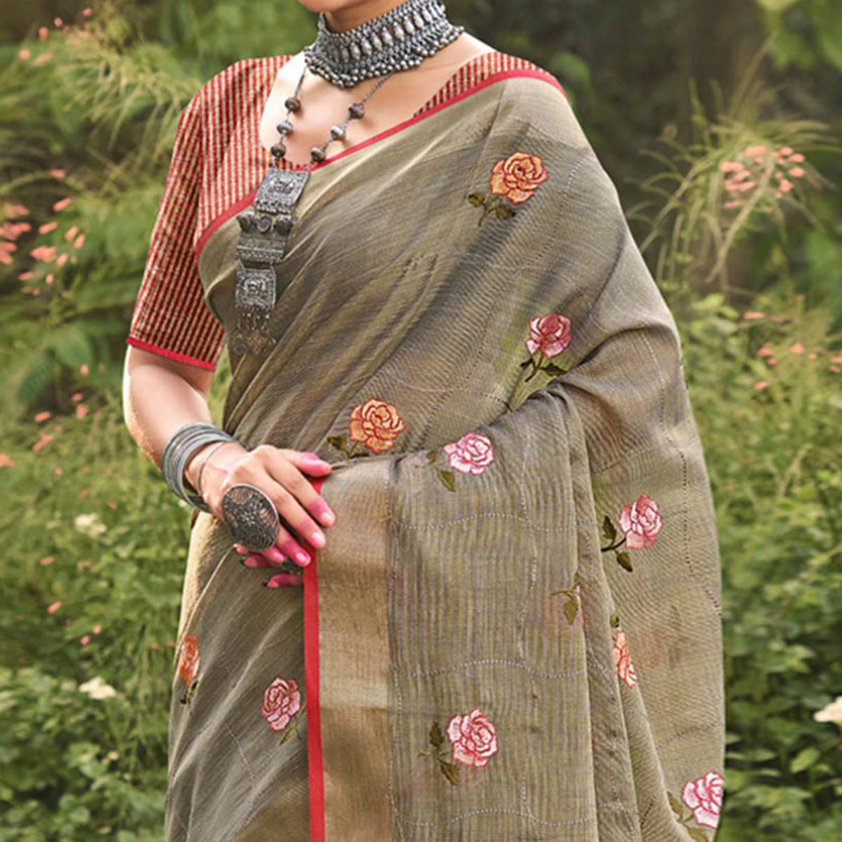 grey-floral-embroidered-linen-saree-with-tassels-1