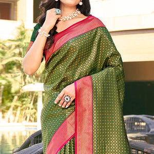 Mehendi Green Woven Banarasi Silk Saree With Tassels