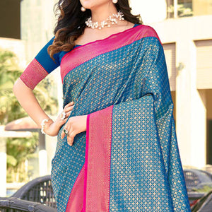 Blue Woven Banarasi Silk Saree With Tassels