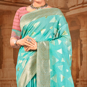 Blue Woven Linen Saree With Tassels