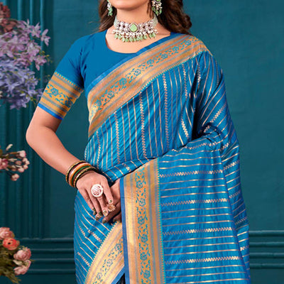 Blue Woven Paithani Raw Silk Saree With Tassels