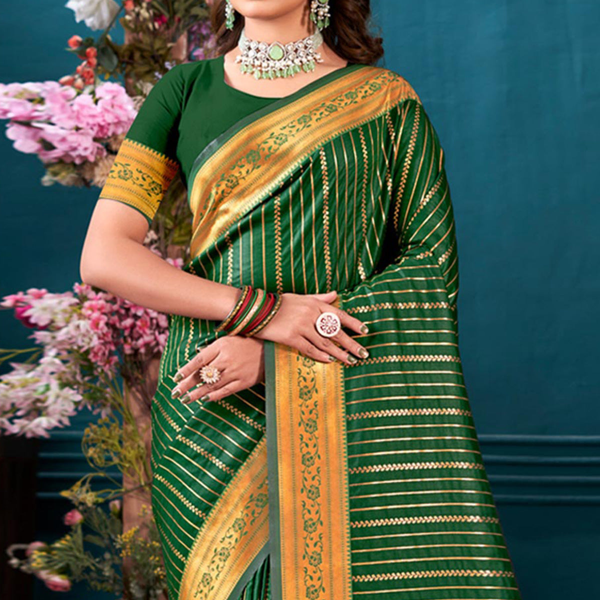 Dark Green Woven Paithani Raw Silk Saree With Tassels