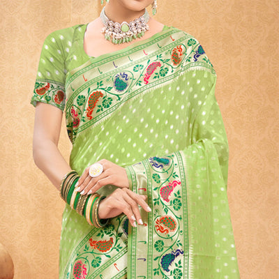 green-floral-woven-cotton-blend-saree-with-tassels-1