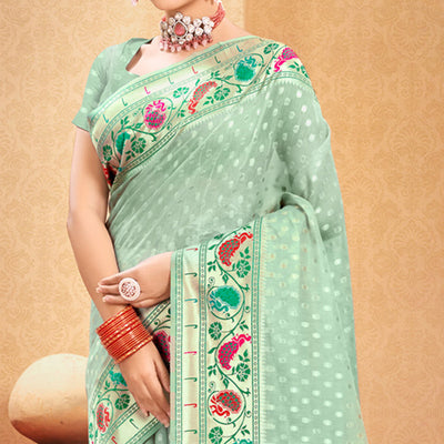 green-floral-woven-cotton-blend-saree-with-tassels