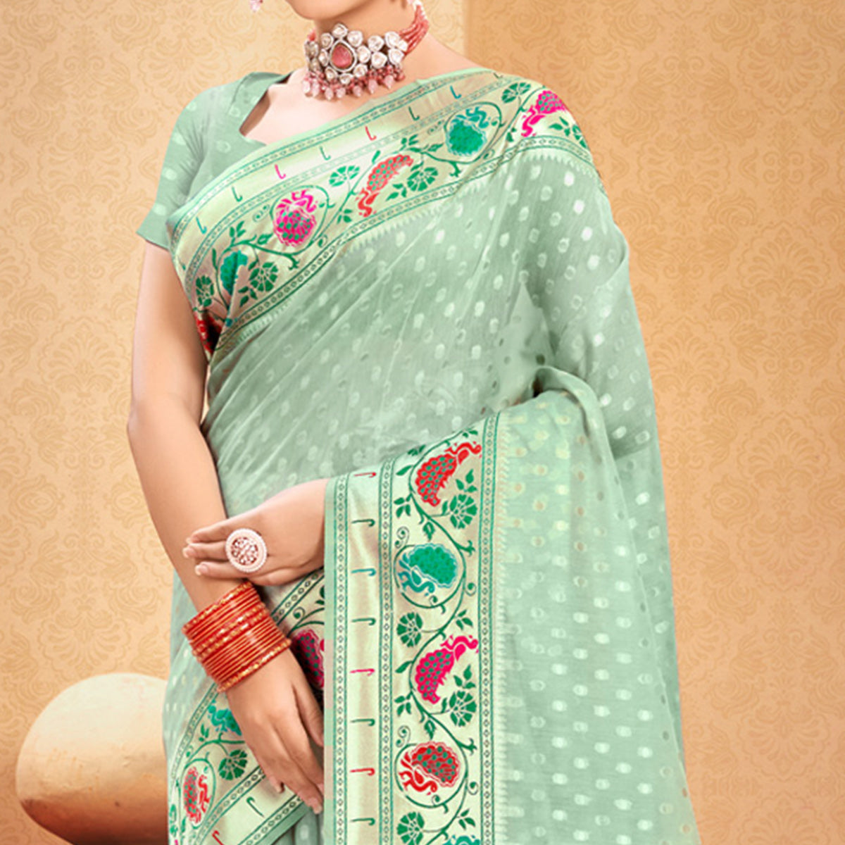 green-floral-woven-cotton-blend-saree-with-tassels