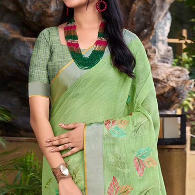 green-floral-embroidered-linen-saree-with-tassels