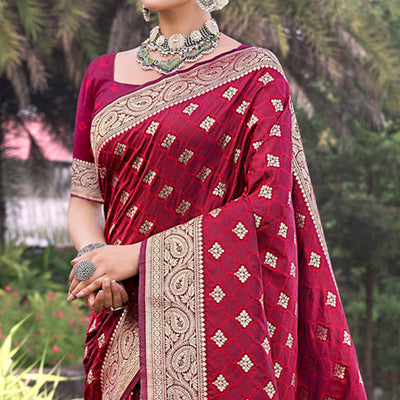 Maroon Floral Woven Kanjivaram Silk Saree With Tassels