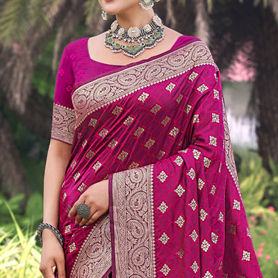 Magenta Floral Woven Kanjivaram Silk Saree With Tassels