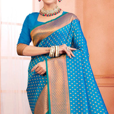 Blue Woven Banarasi Silk Saree With Tassels