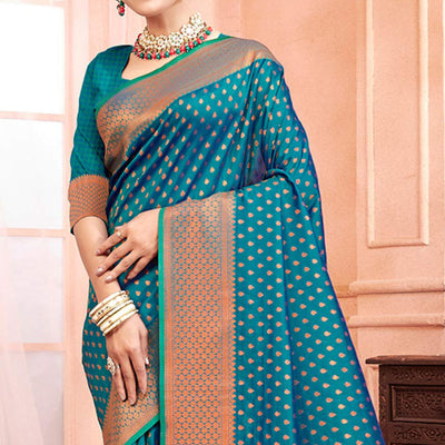 Blue Woven Banarasi Silk Saree With Tassels
