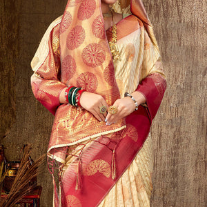 Cream Woven Banarasi Silk Saree With Tassels