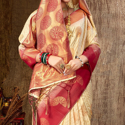 Cream Woven Banarasi Silk Saree With Tassels