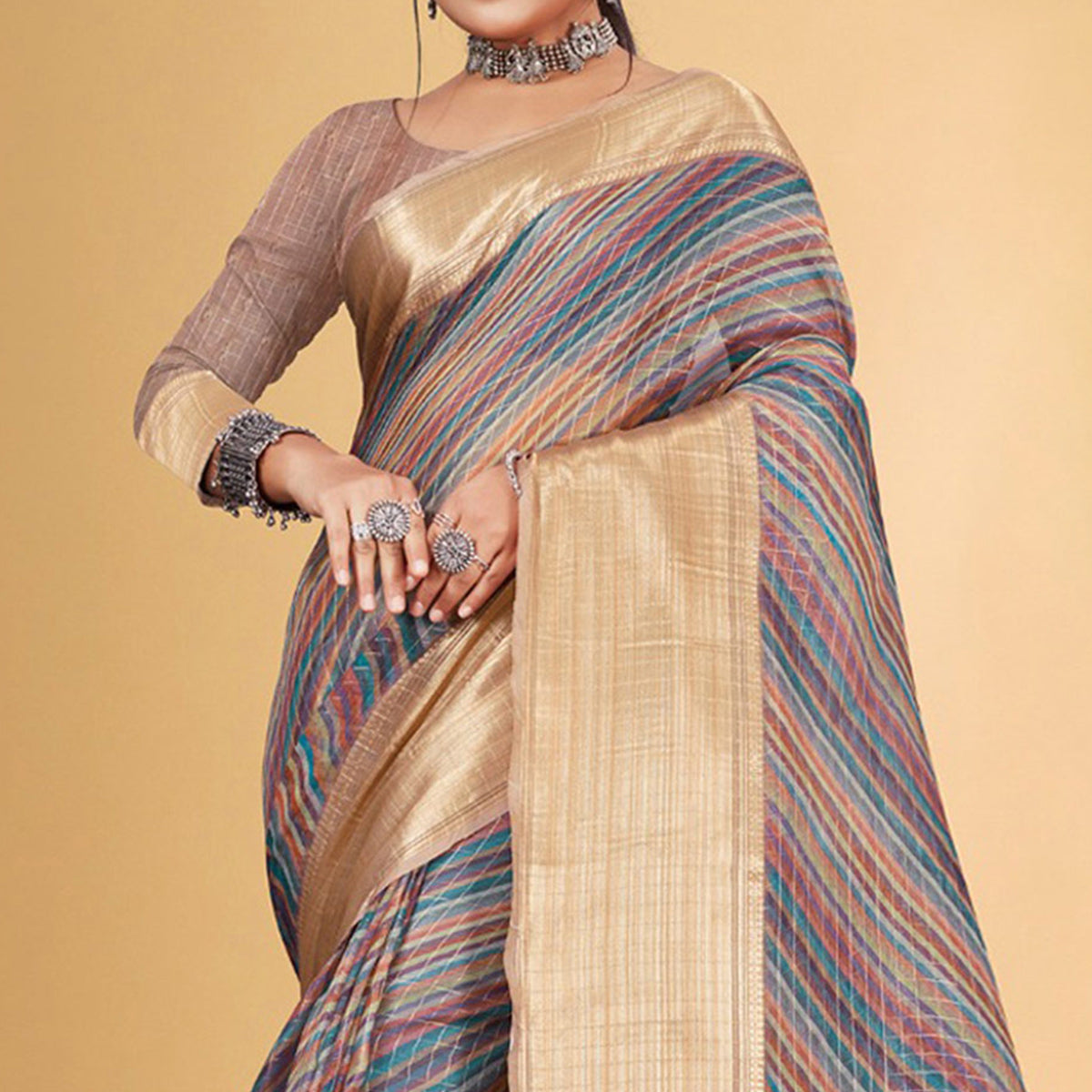 Multicolor Checks Woven Bhagalpuri Silk Saree With Tassels