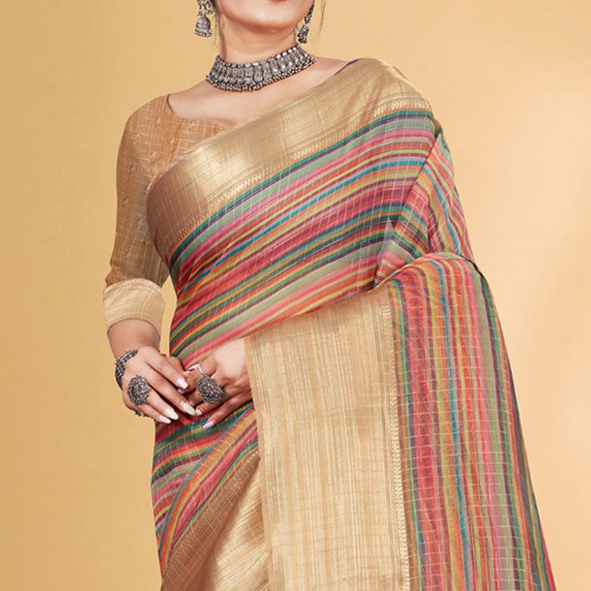 Multicolor Checks Woven Bhagalpuri Silk Saree With Tassels
