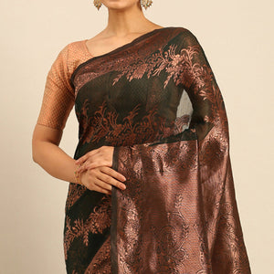 Bottle Green Floral Woven Cotton Silk Saree