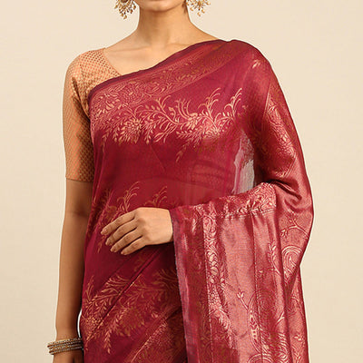 Magenta Floral Woven Cotton Silk Saree