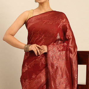 Maroon Floral Woven Cotton Silk Saree