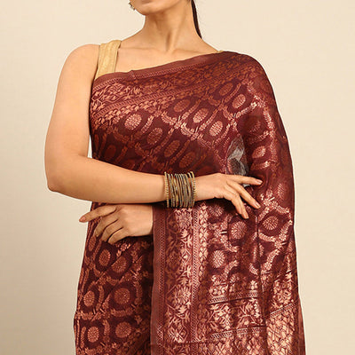 Maroon Floral Woven Cotton Silk Saree