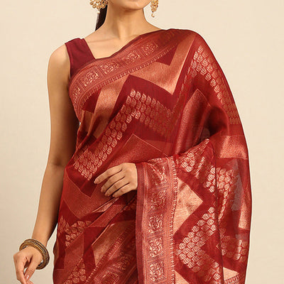 Maroon Floral Woven Cotton Silk Saree