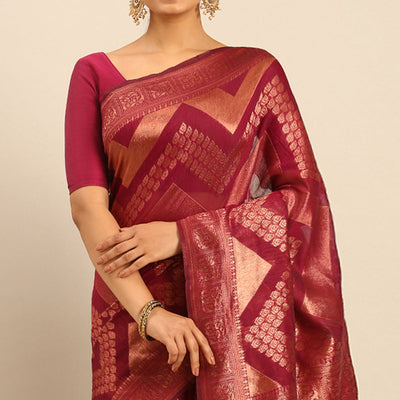 Magenta Floral Woven Cotton Silk Saree