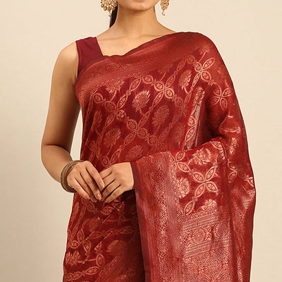 Maroon Floral Woven Cotton Silk Saree