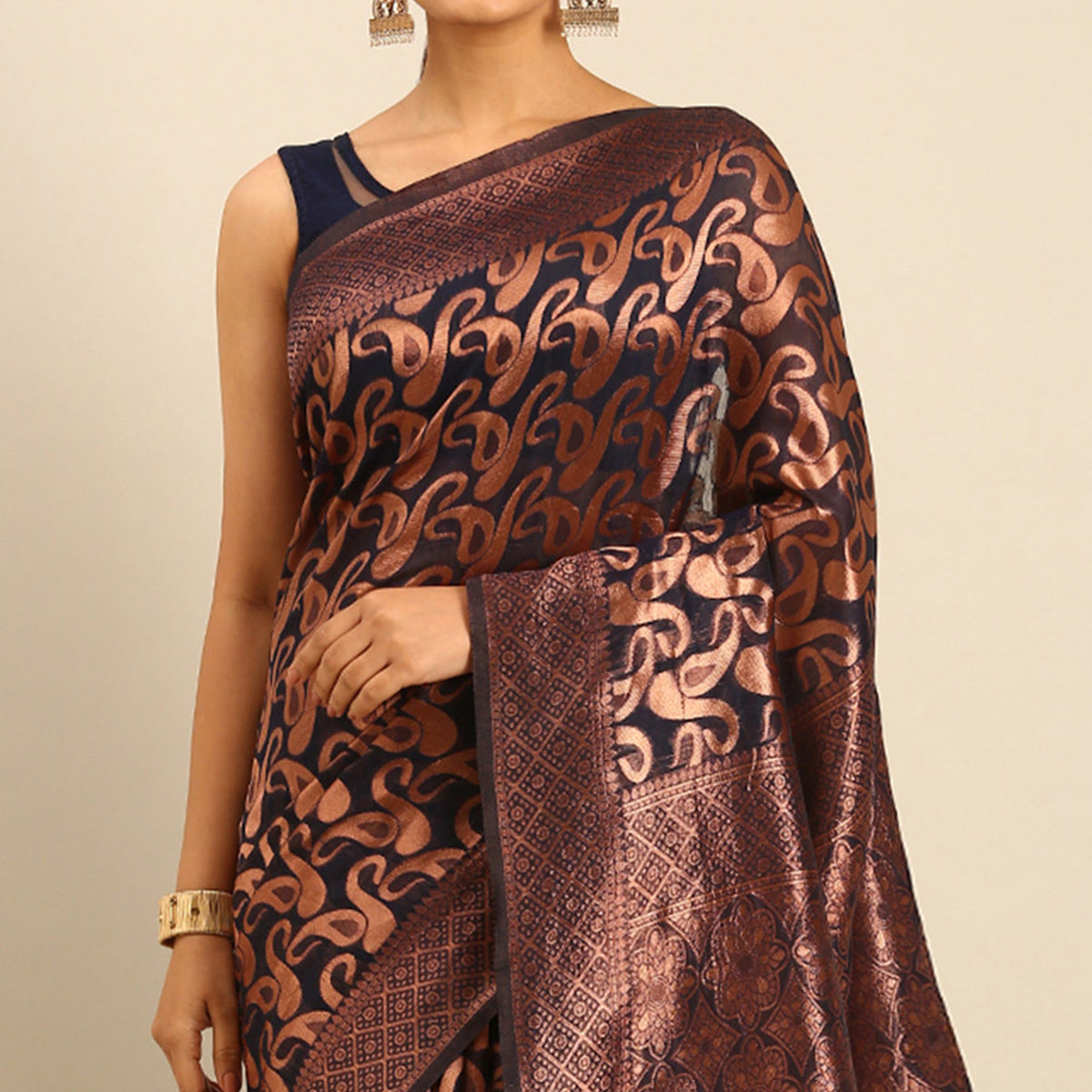 Dark Navy Blue Floral Woven Cotton Silk Saree