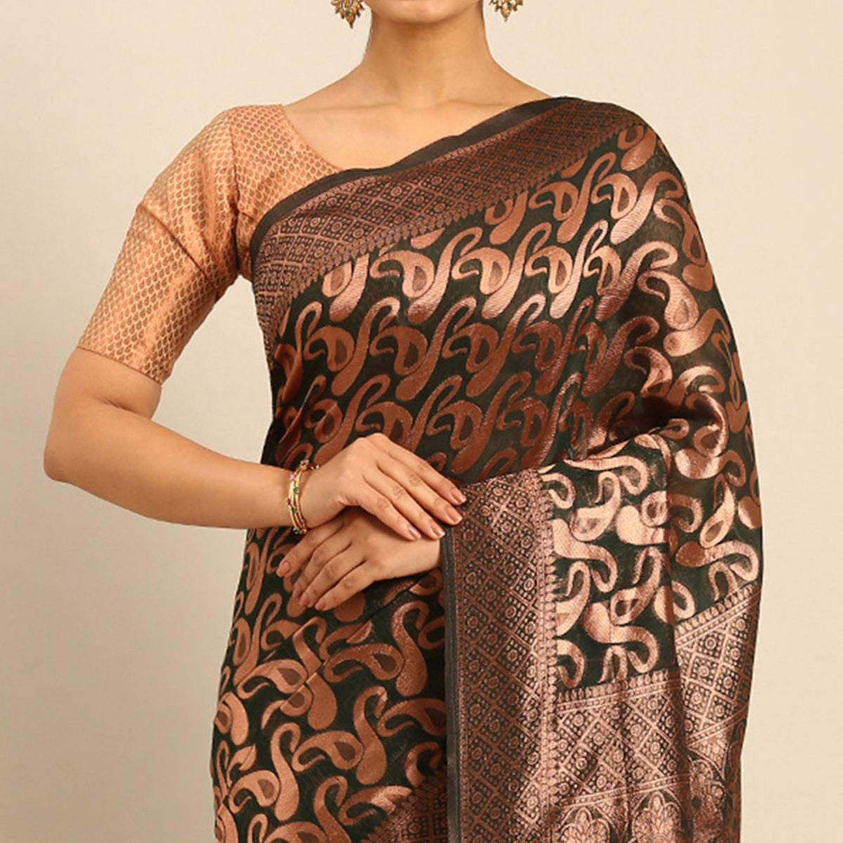 Bottle Green Floral Woven Cotton Silk Saree