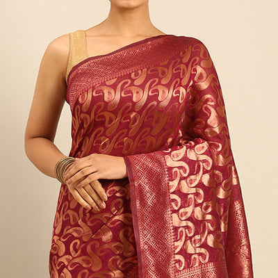 Magenta Floral Woven Cotton Silk Saree