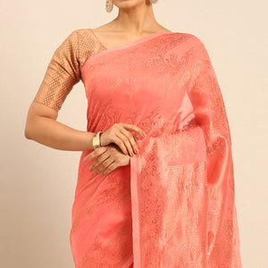 Gajari Pink Floral Woven Cotton Silk Saree