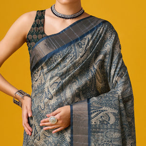 Bluish Grey Digital Printed Cotton Silk Saree