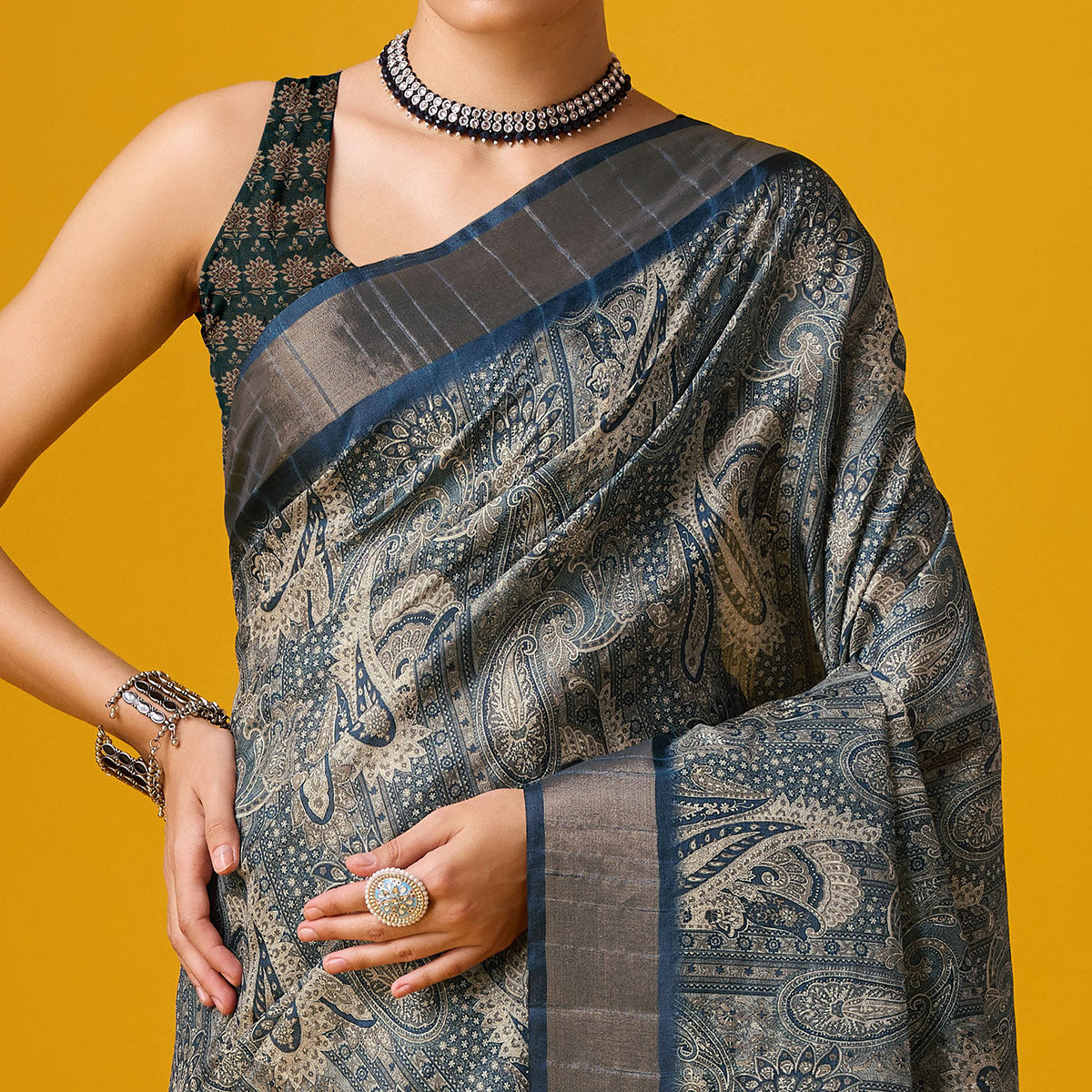 Bluish Grey Digital Printed Cotton Silk Saree