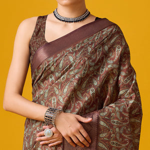 Brown Digital Printed Cotton Silk Saree With Border
