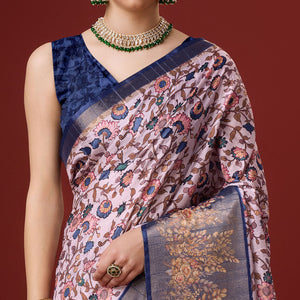 Light Pink Digital Printed Cotton Silk Saree With Border