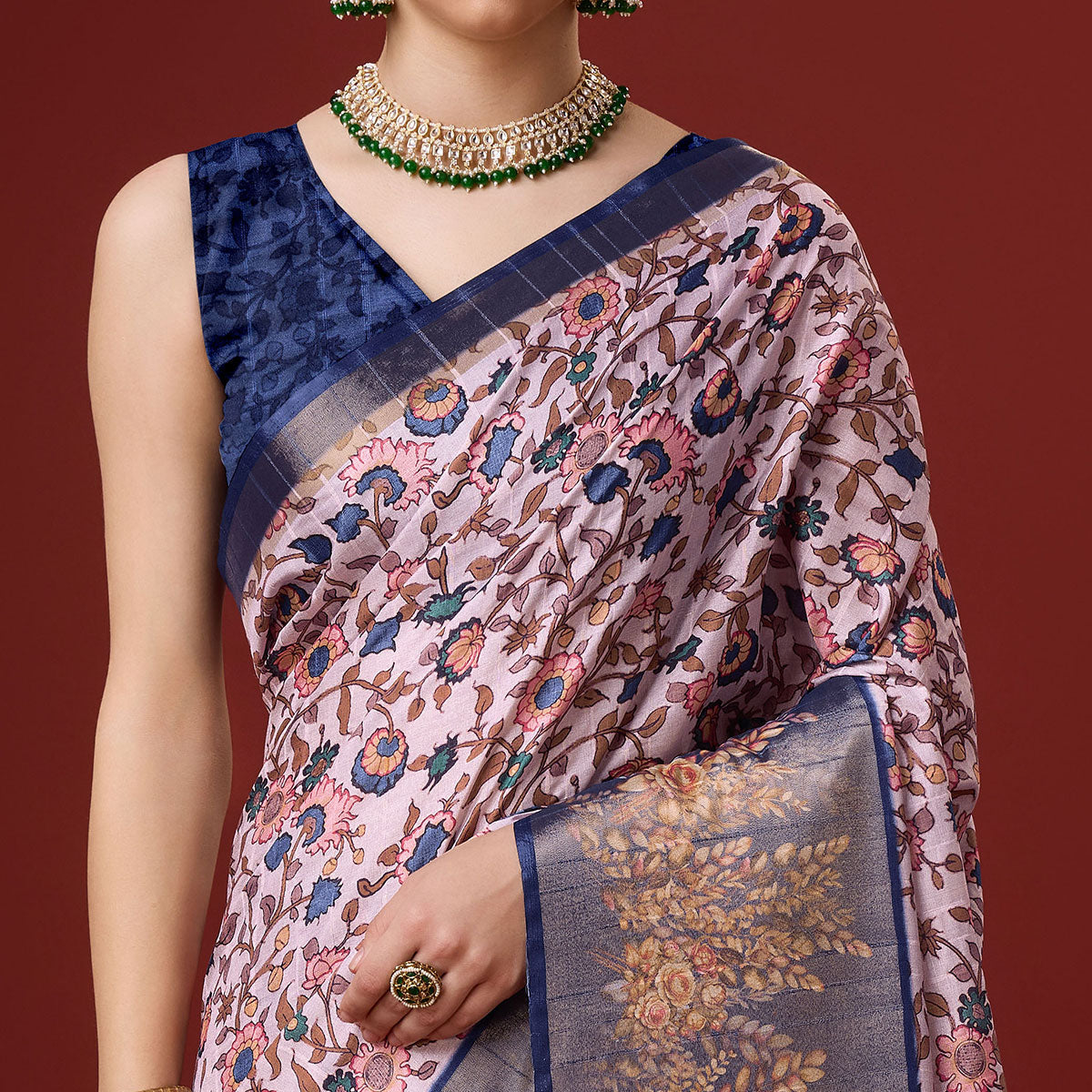 Light Pink Digital Printed Cotton Silk Saree With Border