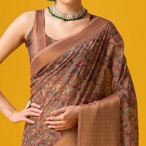 Brown Digital Printed Cotton Silk Saree With Border