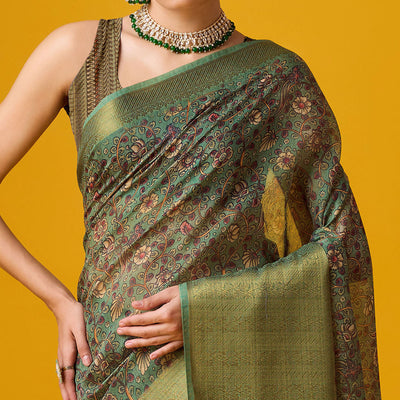 Dusty Green Digital Printed Cotton Silk Saree With Border