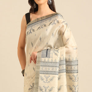 Cream Digital Print Cotton Blend Saree