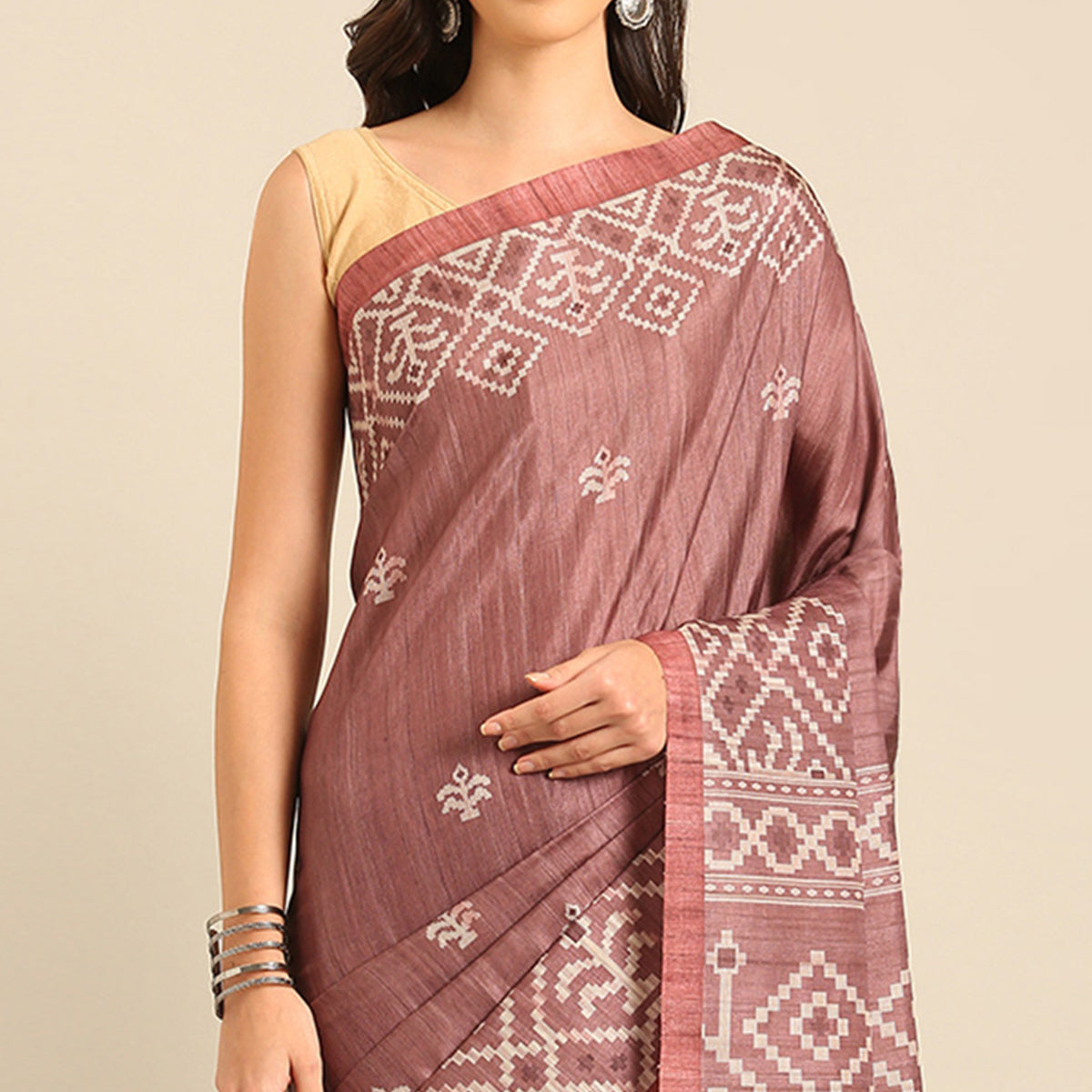 Dusty Rose Pink Digital Print Cotton Blend Saree