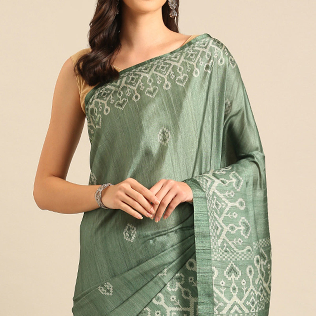 green-digital-print-cotton-blend-saree